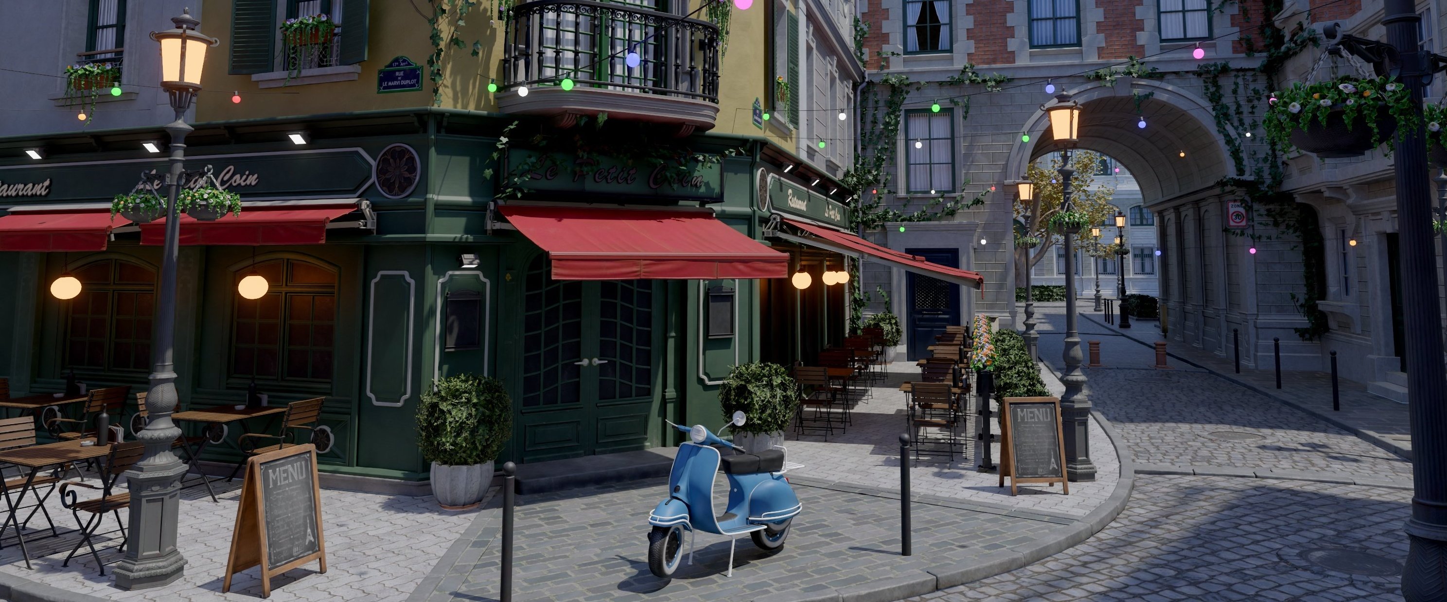 Bistro scene rendered in Iskur Engine